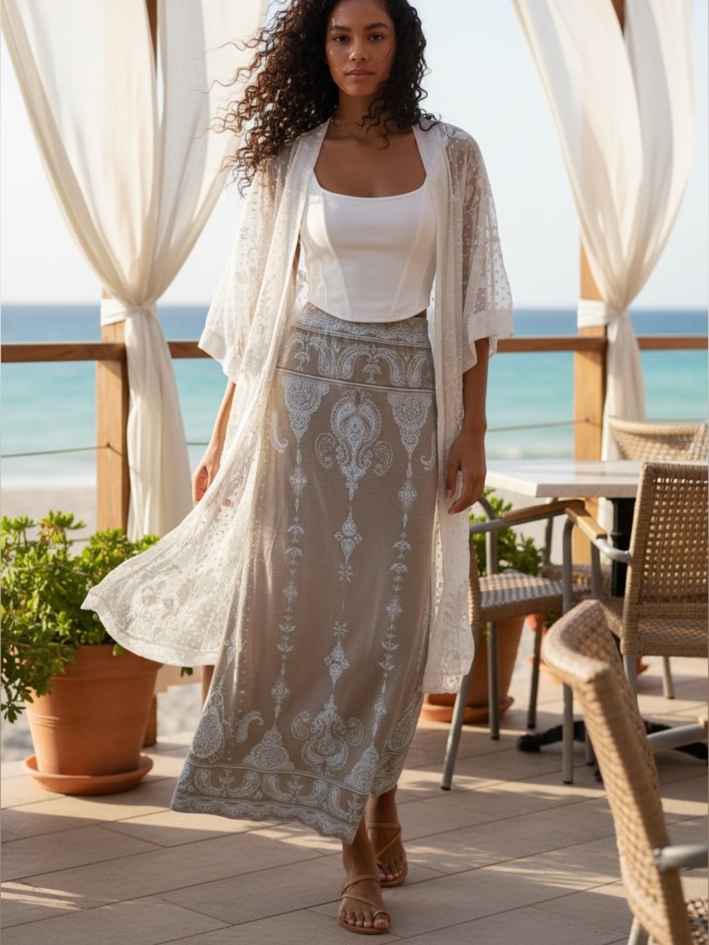 Nurture Coastal Bohemian Paisley Maxi Skirt in Taupe & White lightweight knit. M